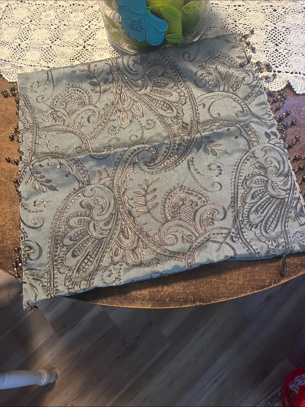 Pier 1 Embroidered Paisley Beaded pillow cover - Seafoam Blue and Bronze